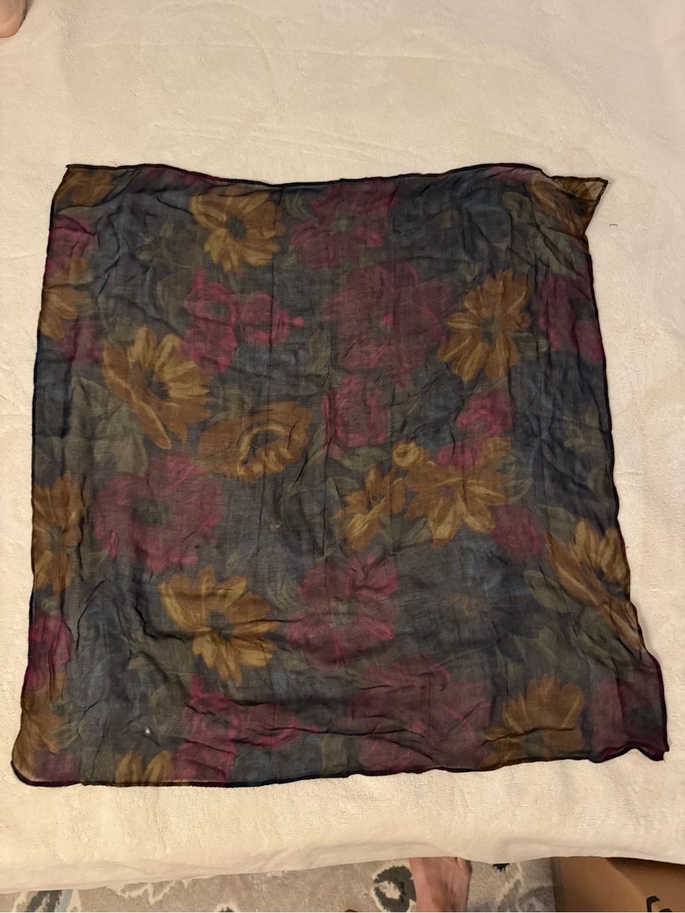Patricia Nash Black Sheer Floral Scarf w Brown, Blue and Pink Blooms 100% cotton